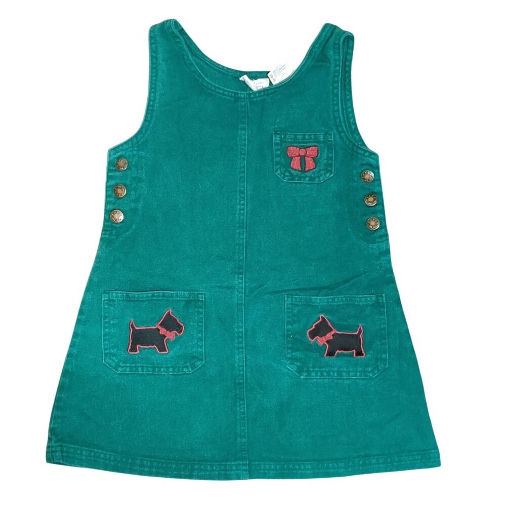 In Design 6 Girls Green Cotton Denim Jumper Dress Scotty Dog Bow Pockets Vintage